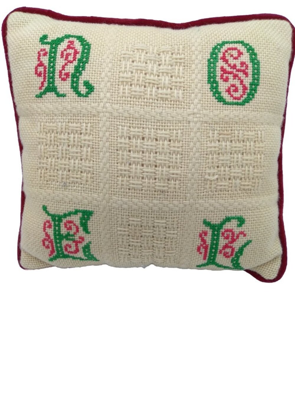 Vtg Pillow NOEL needlepoint Christmas Themed Calligraphy Red Velvet Back 9"x9"
